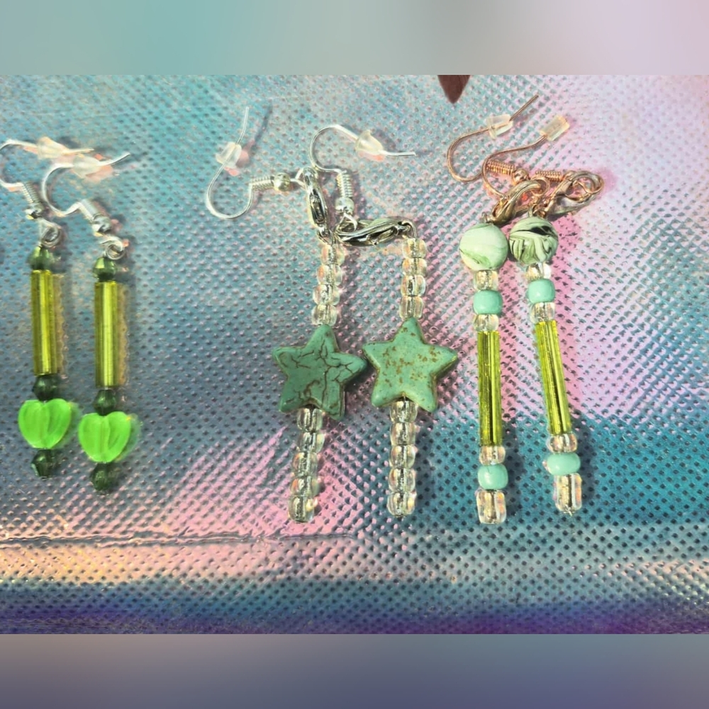 Green Star and Bead Earrings